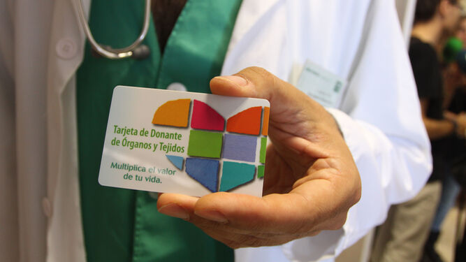 Un médico muestra la tarjeta de donantes de órganos y tejidos.