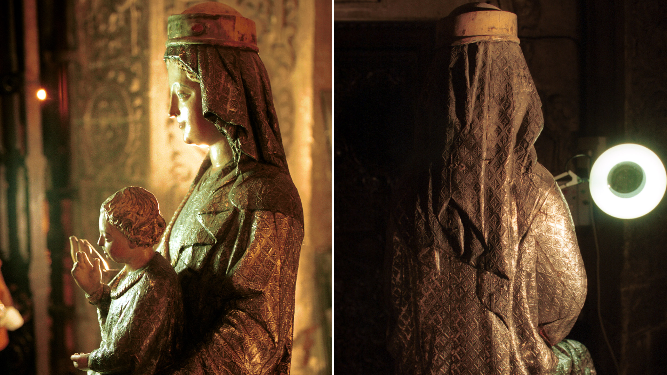 La Virgen de la Sede vista de la lado y desde atrás.