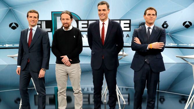 Casado, Iglesias, Sánchez y Rivera, dispuestos a enfrentarse en el debate 'a cuatro' de Atresmedia.