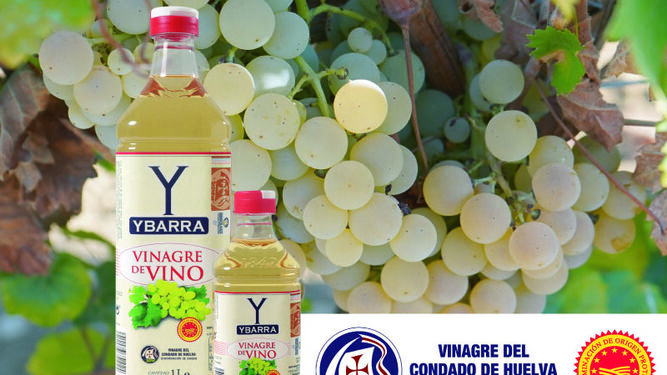 Botellas de vinagre de vino Ybarra con la Denominación de Origen Condado de Huelva.