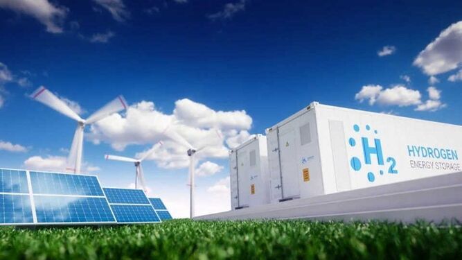Recreación de una instalación de producción de hidrógeno verde combinada con energías renovables.