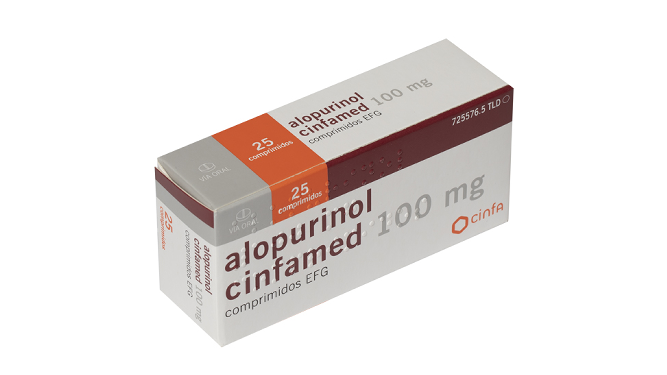 Caja del medicamento genérico alopurinol, comercializada por Cinfamed.