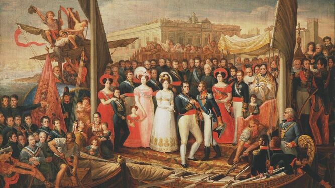 Desembarco de Fernando VII en El Puerto tras haber sido ‘liberado’ de su ‘cautiverio’ en Cádiz, por José Aparicio.