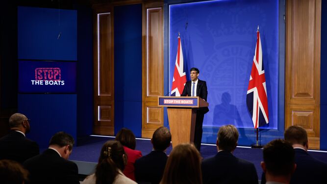 El primer ministro británico, Rishi Sunak, durante una rueda de prensa en Londres.